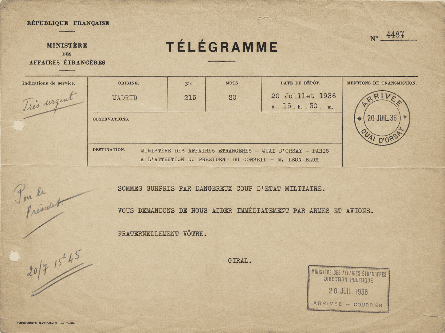 Ilustración reconstruida del telegrama Giral