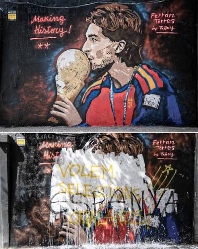 Un mural pintado por Tvboy en Barcelona en honor a Ferran Torres después del triunfo de España en el Mundial fue destrozado con graffiti.